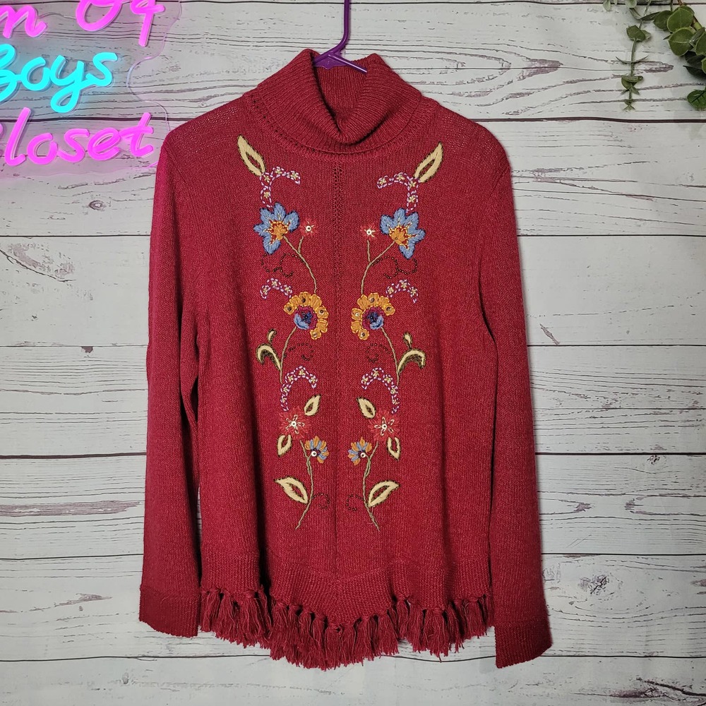 Alfred Dunner Red Embroidered Floral High Neck Boho Fringe Sweater‎ Woman Small